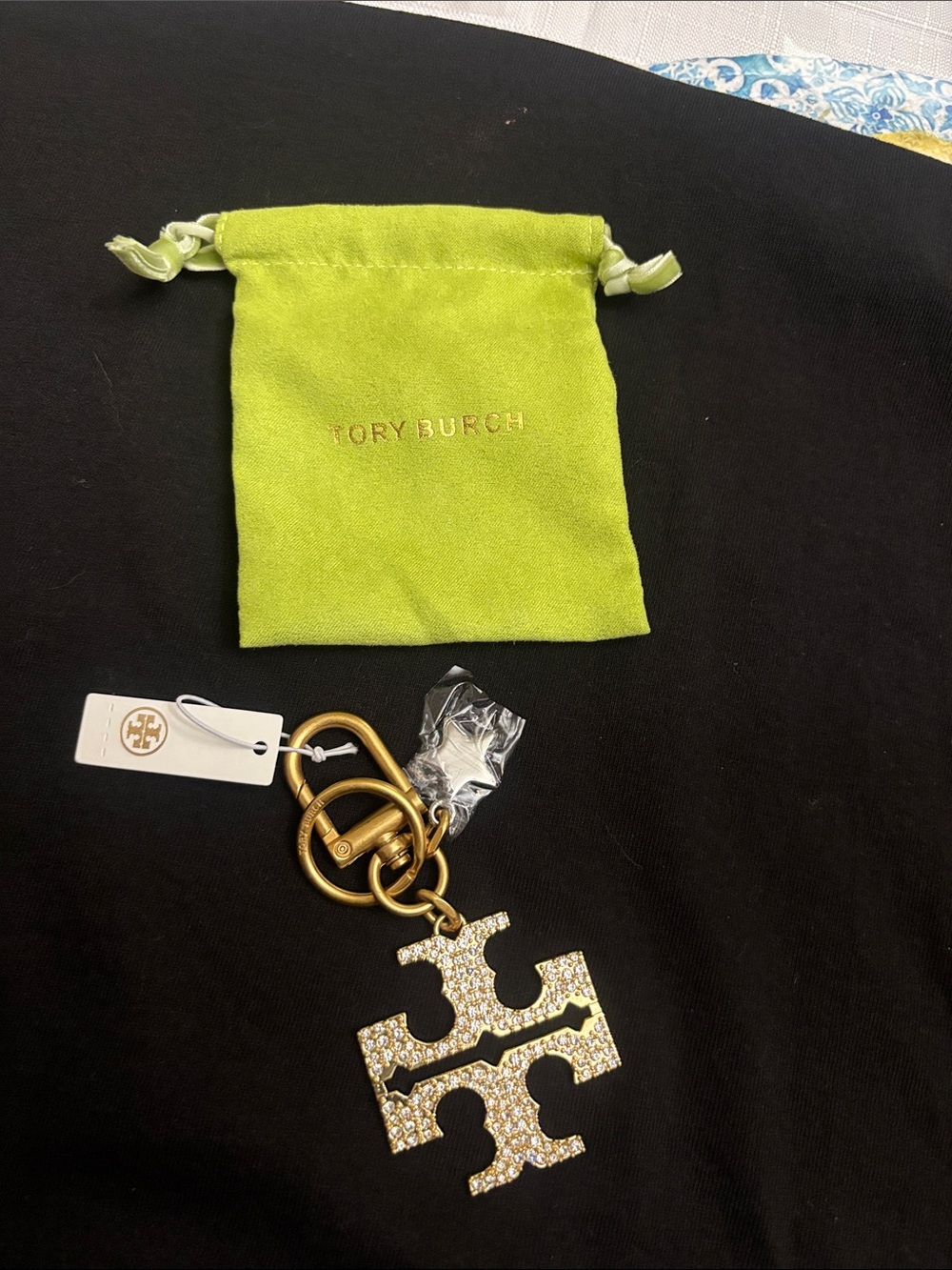 Tory Burch Gold Crystal Logo Keychain with Lime Green Pouch